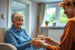Senior woman looking at a photo album, seated in a bright room. Warm colors, cozy environment, and a focus on family memories. Represents connection and reminiscence.