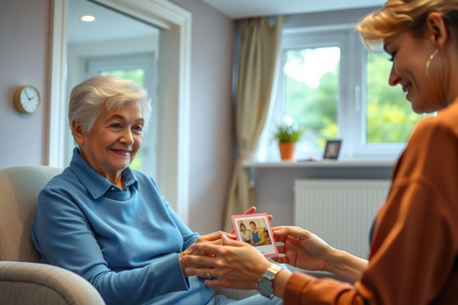 Senior woman looking at a photo album, seated in a bright room. Warm colors, cozy environment, and a focus on family memories. Represents connection and reminiscence.