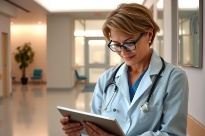 The image features a healthcare professional, possibly a doctor or nurse, wearing a stethoscope around her neck and glasses on her face. She is seated at a desk with various medical equipment in the background, including an electronic device that she seems to be interacting with.