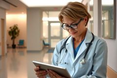 The image features a healthcare professional, possibly a doctor or nurse, wearing a stethoscope around her neck and glasses on her face. She is seated at a desk with various medical equipment in the background, including an electronic device that she seems to be interacting with.