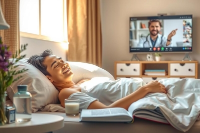 The image portrays a man lying in bed, laughing and enjoying a relaxed moment. He is wearing a white t-shirt, and the room has a modern design with clean lines and neutral colors. A flat screen TV is mounted on the wall above his head, displaying a funny scene that seems to be making him laugh. The environment suggests comfort and leisure.