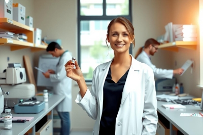 The image shows a woman in a laboratory environment, wearing a white coat which suggests she is a scientist or researcher. She has a friendly expression and is holding up a small container with an orange substance to the camera, possibly highlighting its properties or discussing it as part of her work.