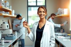 The image shows a woman in a laboratory environment, wearing a white coat which suggests she is a scientist or researcher. She has a friendly expression and is holding up a small container with an orange substance to the camera, possibly highlighting its properties or discussing it as part of her work.