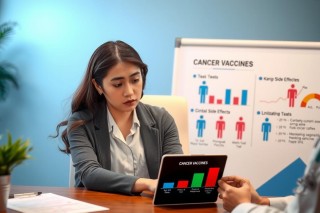 The image portrays a professional office environment. At the center of the scene is a woman, likely an executive or manager, dressed in business attire with a blazer and blouse. She is seated at a desk with various items such as a laptop and documents scattered around.