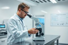 Scientist in a white lab coat and glasses examines a sample under a microscope in a modern, clean laboratory. The bright, white environment features equipment and a poster, highlighting scientific research and analysis.