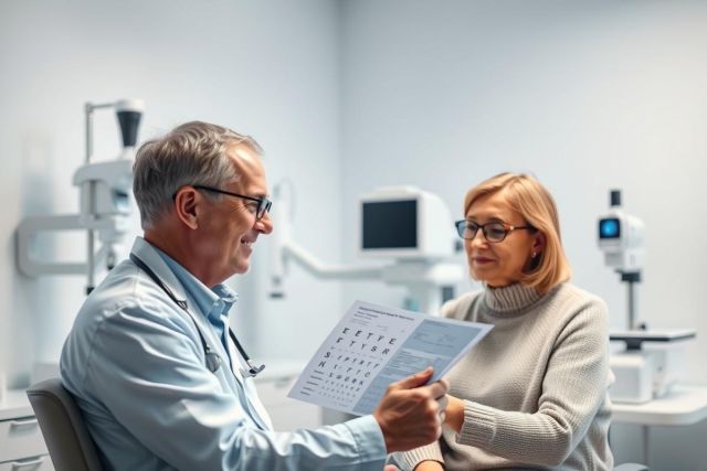 An optometrist examines a patient's vision during an eye exam in a modern clinic. The scene features a doctor holding an eye chart, a patient wearing glasses, and diagnostic equipment in a bright, clean white environment. Healthcare, vision care, and eye health are key themes.