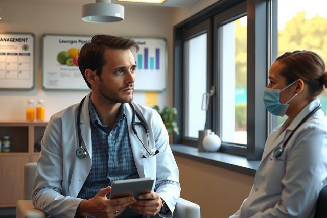 The image depicts a professional setting with two individuals who appear to be medical professionals. The woman is seated and the man stands, both wearing white coats which suggest they are doctors or healthcare practitioners. They are in what looks like an office environment, possibly a clinic or hospital, as there are various charts and diagrams on the wall, which may represent patient information or medical data.