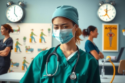 In the image, there is a medical professional dressed in green scrubs and wearing a surgical mask. They are standing in what appears to be a hospital setting with clocks on the wall indicating time. The environment suggests a clinical or operational atmosphere typical of healthcare facilities.