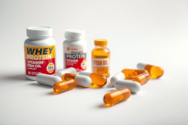 Close-up of vitamin and protein supplements. Orange capsules and bottles of fish oil and protein powder are displayed against a white background. Focus on health and wellness products.