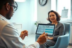 A man and woman are engaged in a discussion, one holding a tablet, in a modern office setting. The scene features a blue chair and a bright, clean environment, suggesting a professional consultation or meeting.