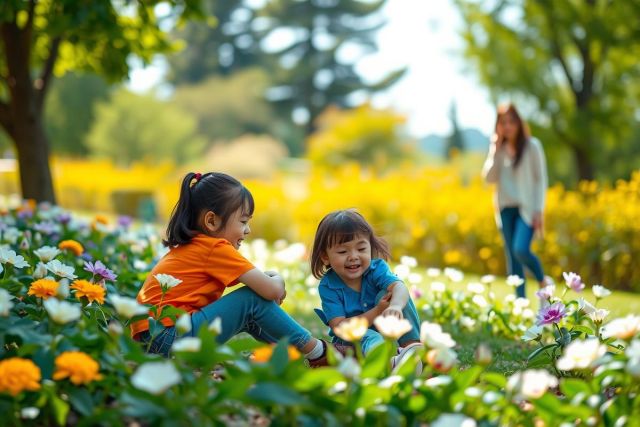 The image shows a joyful scene of children playing among colorful flowers. A little girl in an orange shirt is kneeling down next to another child, who appears to be laughing or enjoying the moment. They are surrounded by vibrant petals of different hues, indicating it might be springtime. In the background, there's a woman standing and watching over them, possibly their mother, dressed in casual attire. The setting is outdoors in what appears to be a garden or park with well-maintained flowerbeds.