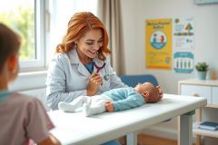 A pediatrician examines a baby on an examination table. The doctor is smiling while listening to the baby's heartbeat with a stethoscope in a bright, modern clinic setting.