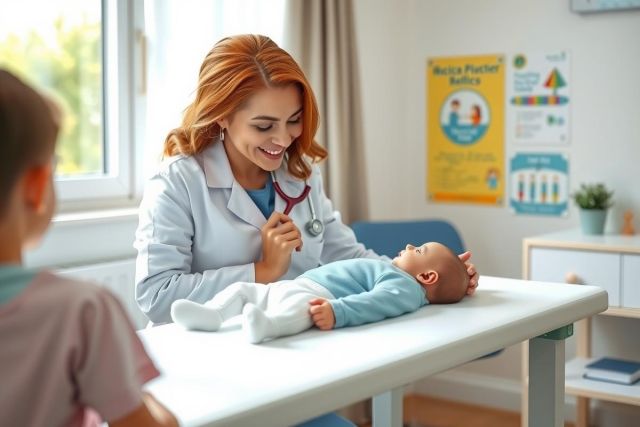 A pediatrician examines a baby on an examination table. The doctor is smiling while listening to the baby's heartbeat with a stethoscope in a bright, modern clinic setting.