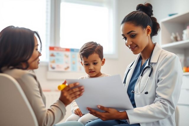 Doctor consults with a mother and young child in a bright, modern clinic. The scene depicts a medical check-up, with the doctor reviewing paperwork while the child looks on. Focus is on healthcare, pediatric care, and family wellness with a warm, inviting atmosphere.