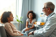 Doctor consults with a young patient and mother in a bright, modern medical clinic. Warm, natural light illuminates the scene featuring diverse individuals in a healthcare setting. Focus on doctor-patient communication and family care.