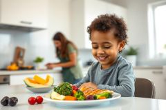 Happy young boy enjoys a healthy meal of fish, broccoli, carrots, and fruit in a bright, modern kitchen. A woman is preparing food in the background. Focus on childhood nutrition, healthy eating, and family time.