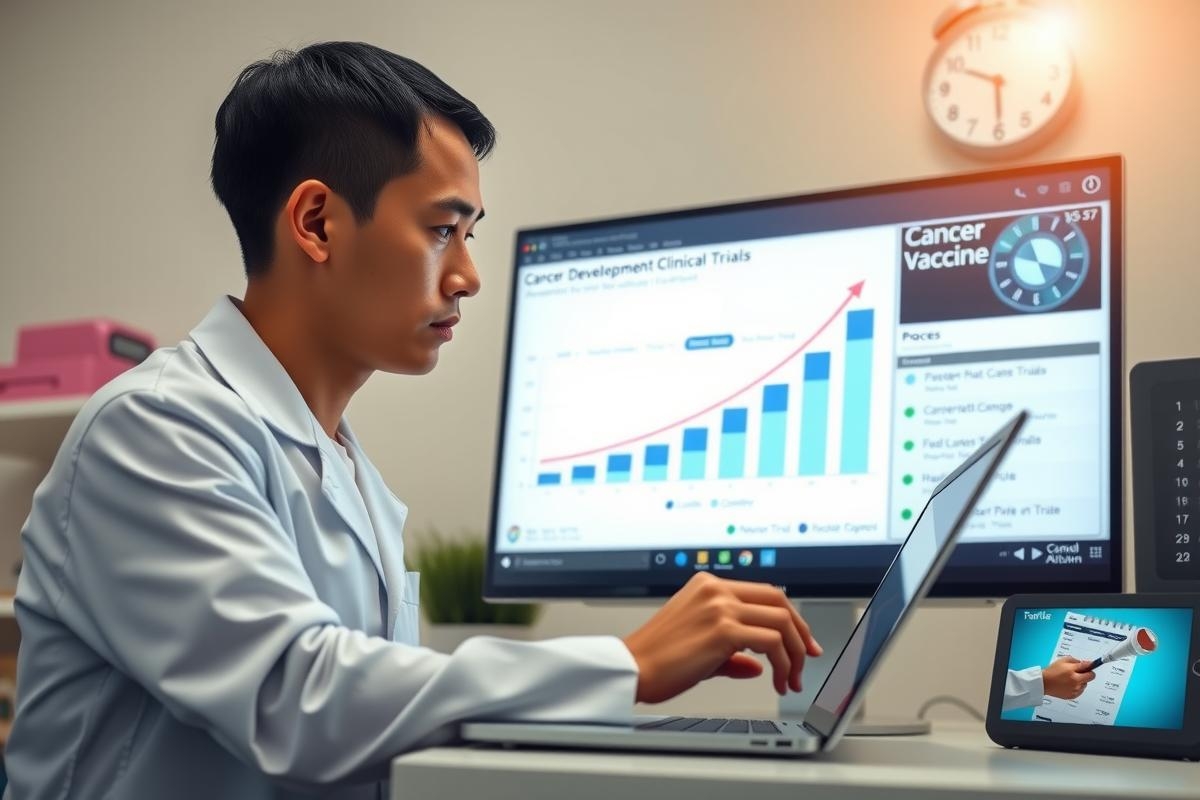 The image shows a man in a medical coat working on a laptop in front of a large screen. He is surrounded by various medical equipment and monitoring devices, indicating that he may be a doctor or healthcare professional engaged in data analysis or patient care.