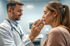 Doctor assisting a patient with an inhaler in a medical clinic. The scene shows a healthcare professional helping a woman use medication for respiratory issues in a light blue exam room. Focus on health, medicine, and patient care.