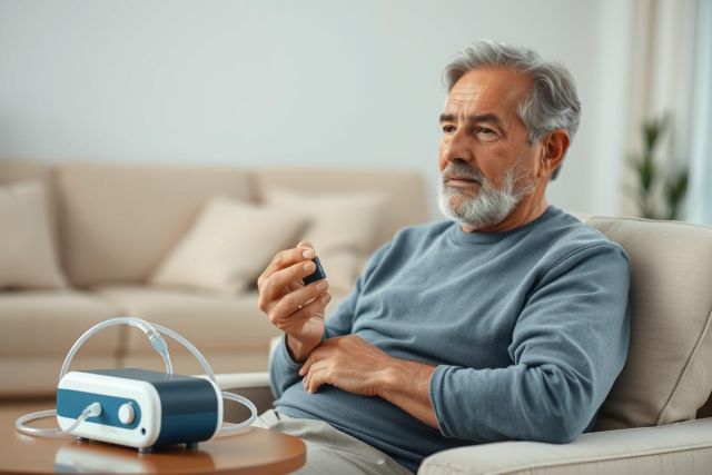 Senior man sitting on a beige sofa at home using a portable oxygen concentrator. The image depicts healthcare, aging, and respiratory therapy in a comfortable living room setting. Blue and grey tones dominate, highlighting the medical device.