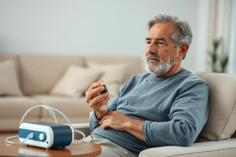 Senior man sitting on a beige sofa at home using a portable oxygen concentrator. The image depicts healthcare, aging, and respiratory therapy in a comfortable living room setting. Blue and grey tones dominate, highlighting the medical device.