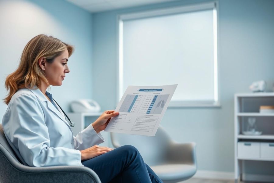 A female doctor in a white coat and stethoscope reviews patient data in a modern, light blue medical office. She's seated and focused on a graph, suggesting healthcare analysis and medical record review. The scene conveys a professional and clinical environment.
