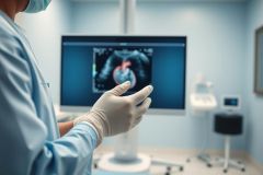 Medical professional in blue scrubs and gloves examining a heart ultrasound on a monitor in a bright, sterile clinic. Focus on diagnostic imaging and cardiology, showcasing a healthcare setting with advanced medical technology. Blue and white tones dominate the scene.