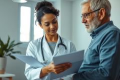 Doctor consulting with a senior patient in a bright, modern clinic. A female healthcare professional wearing a white coat and stethoscope reviews documents with an older man. Image depicts medical consultation, healthcare, and patient care in a professional setting.