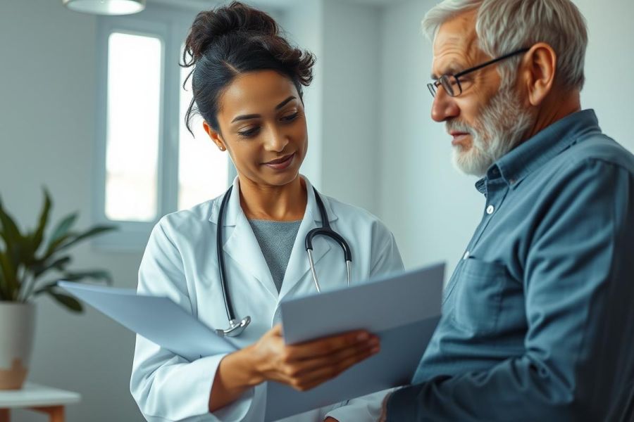 Doctor consulting with a senior patient in a bright, modern clinic. A female healthcare professional wearing a white coat and stethoscope reviews documents with an older man. Image depicts medical consultation, healthcare, and patient care in a professional setting.