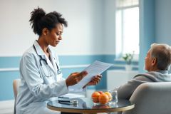 A female doctor in a white coat and stethoscope reviews medical documents with an elderly patient in a bright, modern clinic. The scene features blue walls, natural light, and a table with fruit, conveying a healthcare consultation setting. Focus is on patient care and medical examination.