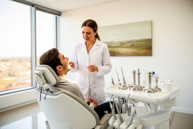 Dentist leaning over a male patient in a reclining chair, performing a routine oral exam in a bright modern clinic.