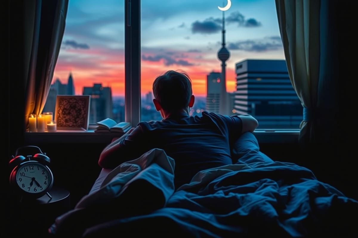 The image depicts a man lying in bed at night, watching the sunset over a city skyline. His head is resting on one hand, suggesting relaxation or contemplation. The room has a comfortable ambiance with warm hues dominating the scene, highlighting the peaceful atmosphere of the moment.