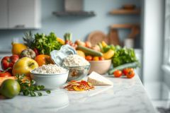 Abundant fresh produce and rice in a bright, modern kitchen. Colorful fruits like pineapple, tomatoes, and peppers alongside vegetables and cheese create a vibrant, healthy food display. Ideal for cooking, healthy eating, or meal prep concepts.