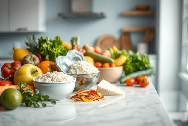 Abundant fresh produce and rice in a bright, modern kitchen. Colorful fruits like pineapple, tomatoes, and peppers alongside vegetables and cheese create a vibrant, healthy food display. Ideal for cooking, healthy eating, or meal prep concepts.