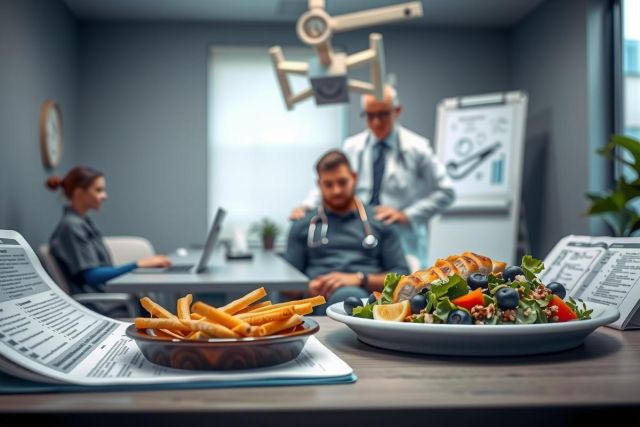 Doctor and patient in a clinic setting. A plate of salad and fries are on a table. Professional healthcare environment, bright and modern, with medical equipment visible.