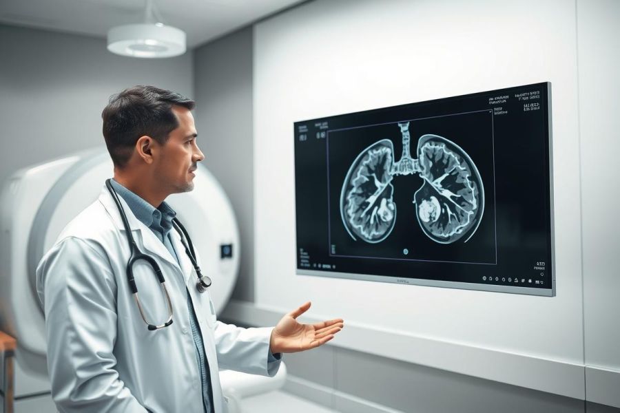 Doctor examining lung X-ray in a modern medical clinic. A male physician in a white coat reviews a grayscale scan displayed on a monitor, with MRI equipment visible in the background. Healthcare, radiology, and diagnostic imaging concepts are depicted in a clean, white environment.