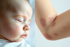 Close-up of a sleeping baby with a side view portrait and a separate image showing birthmarks on a baby's arm. Soft lighting and pastel colors highlight the infant's skin and the pink/brown birthmarks. Focus on baby skin, birthmarks, and infant health.