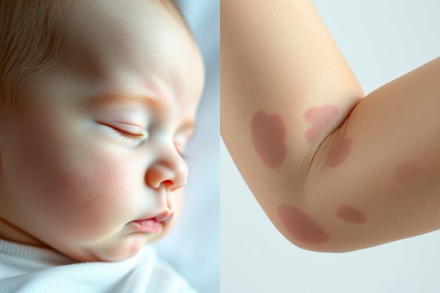 Close-up of a sleeping baby with a side view portrait and a separate image showing birthmarks on a baby's arm. Soft lighting and pastel colors highlight the infant's skin and the pink/brown birthmarks. Focus on baby skin, birthmarks, and infant health.