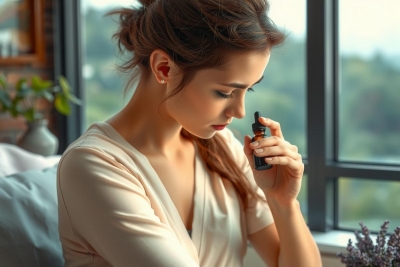 A young woman in a beige dress, possibly pajamas, is sitting on a bed near a window. She appears to be contemplating something as she has her eyes closed and seems to be touching her nose with her hand. The room has natural light coming in from the open blinds, suggesting it might be daytime.