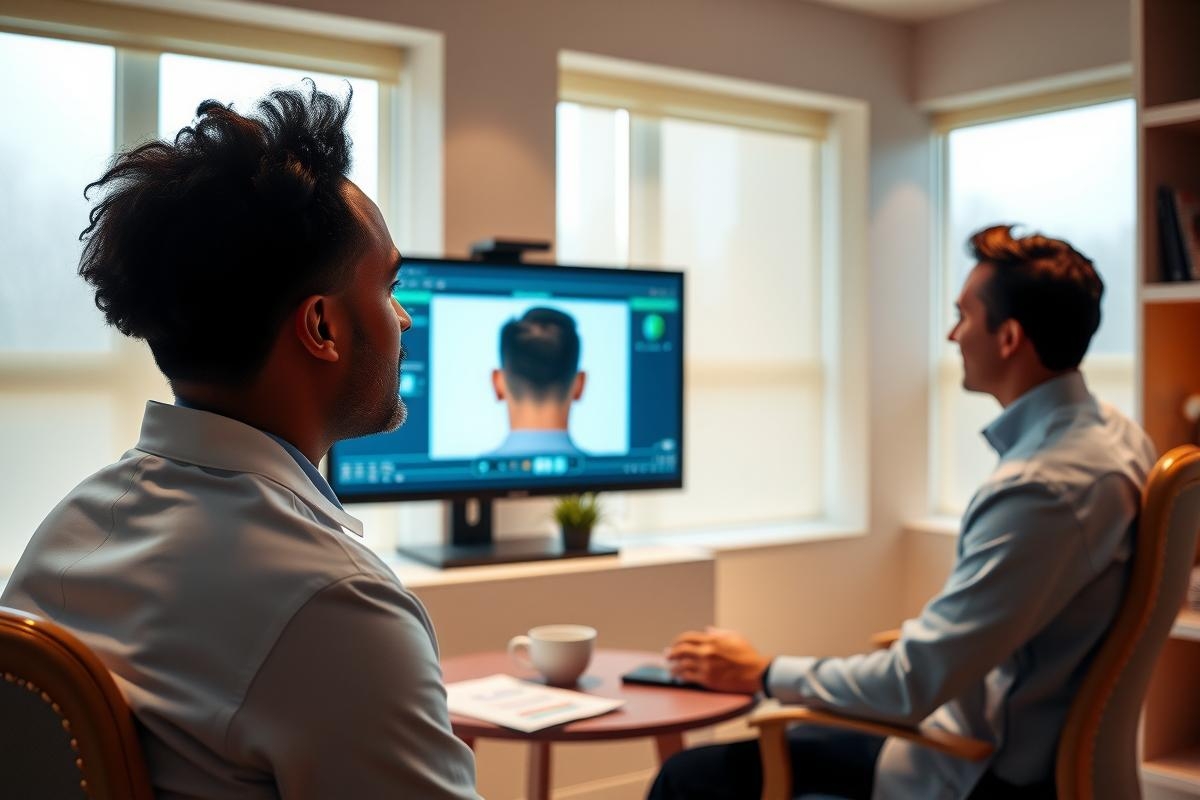 Two men sit facing a TV in a modern living room. They are dressed in button-down shirts, appearing to watch something intently. The room features warm lighting and a minimalist design.