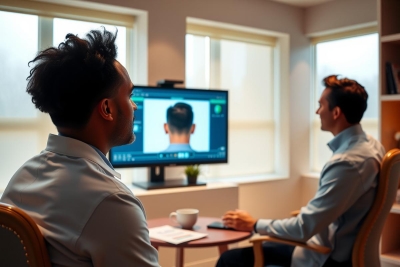 Two men sit facing a TV in a modern living room. They are dressed in button-down shirts, appearing to watch something intently. The room features warm lighting and a minimalist design.