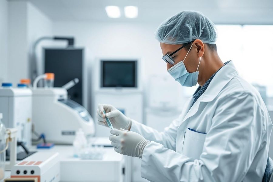 Scientist in a lab coat and mask working with a test tube. The sterile white environment features scientific equipment. Focus on medical research, laboratory work, and healthcare professionals. Blue and white color palette.