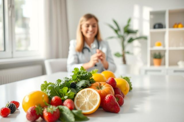 Healthy eating concept. A nutritionist or doctor smiles in the background as fresh fruits (oranges, strawberries, apples) and vegetables (parsley, lemon) are displayed on a white table. Bright, clean kitchen setting promoting wellness and healthy lifestyle choices.