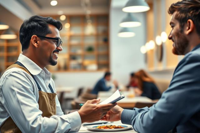 Restaurant scene: A smiling waiter takes an order from a customer at a table. Warm lighting and a modern cafe interior create a welcoming atmosphere. Focus on service, food, and hospitality in a casual dining setting.