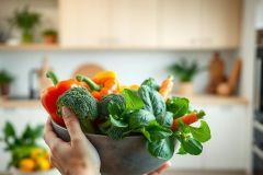 Fresh vegetables in a bowl held by a hand. Colorful mix of broccoli, bell peppers (red, orange), carrots, and leafy greens. Healthy food concept in a bright, modern kitchen setting. Focus on vibrant colors and fresh produce.