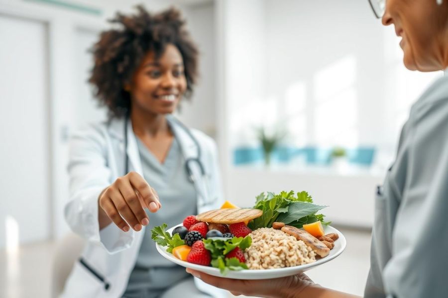 Healthcare professional offering a healthy meal to a patient in a bright, modern medical setting. The plate features colorful fruits, vegetables, and lean protein, representing nutritional care and wellness. Focus on patient health and dietary support.