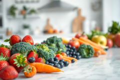 Fresh fruits and vegetables arranged on a marble countertop in a bright kitchen. Includes strawberries, blueberries, broccoli, carrots, and apples. A healthy food still life showcasing vibrant colors and a focus on nutritious ingredients.