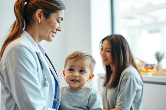 Doctor examining a young child during a pediatric check-up. A smiling mother looks on in a bright, modern clinic setting. Focus on healthcare, child wellness, and professional medical care with a warm, approachable feel. Blue and white tones dominate the scene.