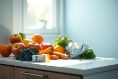 Fresh fruits and vegetables including apples, oranges, carrots, and grapes arranged on a kitchen counter. A foil-wrapped package and supplement bottle are also visible. Bright, natural light highlights the healthy food display. Focus on wellness and healthy eating.