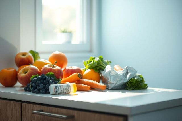 Fresh fruits and vegetables including apples, oranges, carrots, and grapes arranged on a kitchen counter. A foil-wrapped package and supplement bottle are also visible. Bright, natural light highlights the healthy food display. Focus on wellness and healthy eating.
