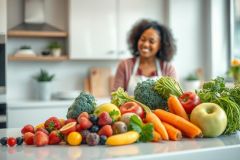 Fresh produce display in a bright kitchen. A smiling woman stands behind a vibrant assortment of fruits and vegetables including broccoli, carrots, berries, apples, and leafy greens. Healthy eating, food preparation, and wellness concepts are showcased.